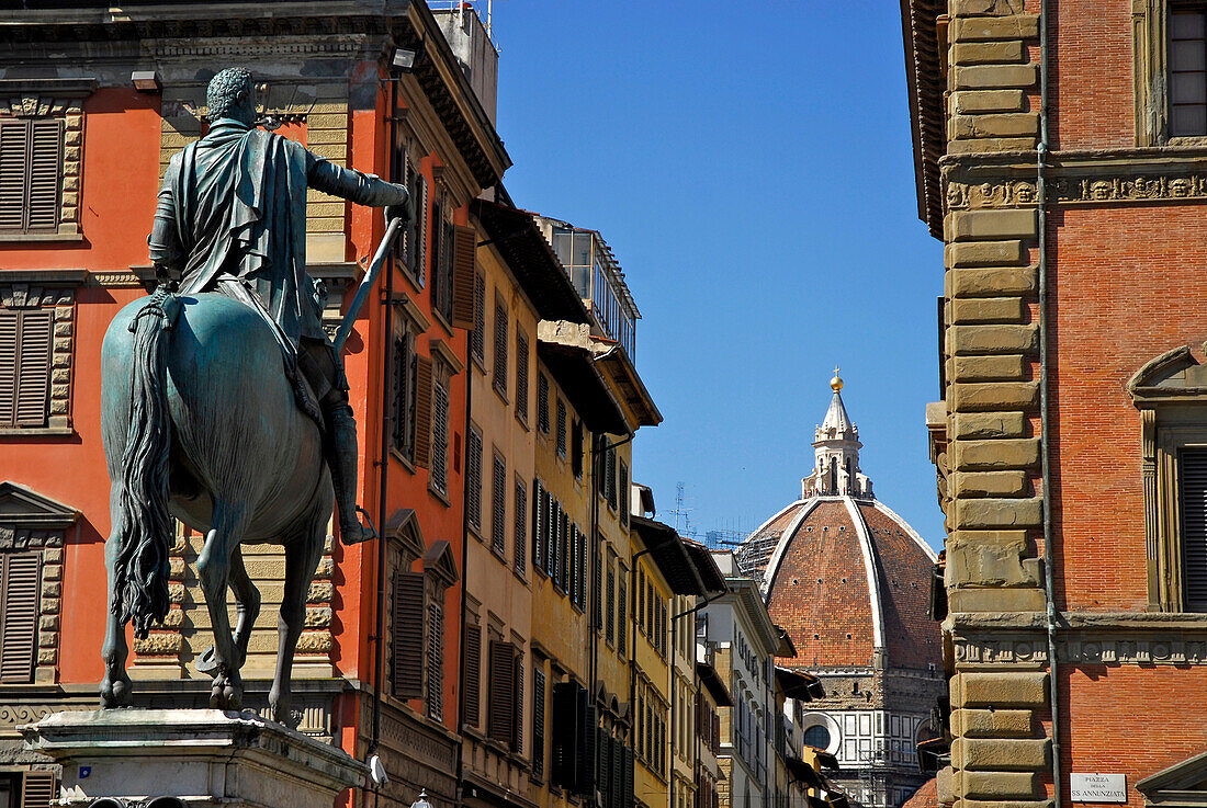 Equestrian statue of Ferdinand I. under blue sky, Piazza  S S Annunziata, Florence, Tuscany, Italy, Europe