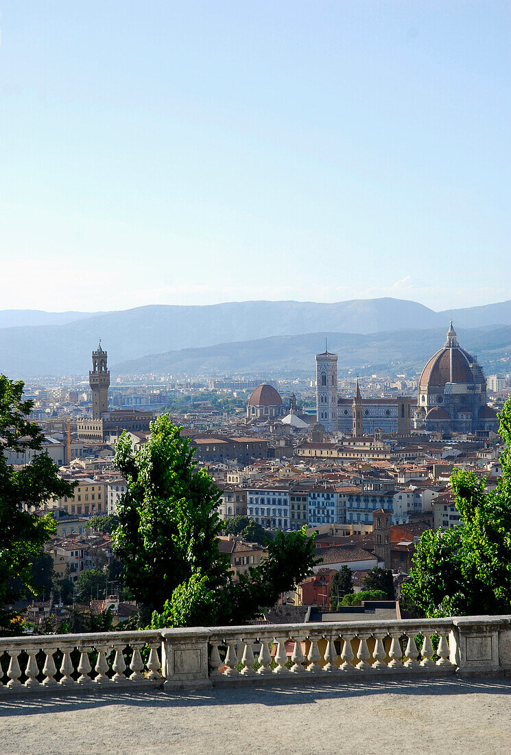 View from San Miniato al Monte over Florence with Duomo and Palazzo Vecchio, Florence, Tuscany, Italy, Europe