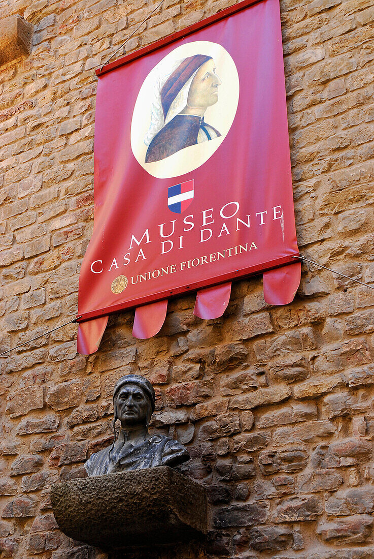 Bust and advertisement sign at the museum Casa di Dante, Florence, Tuscany, Italy, Europe