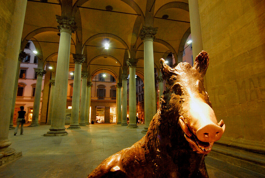 Wild boar sculptur at Loggia del Mercato Nuevo in the evening, Florence, Tuscany, Italy, Europe