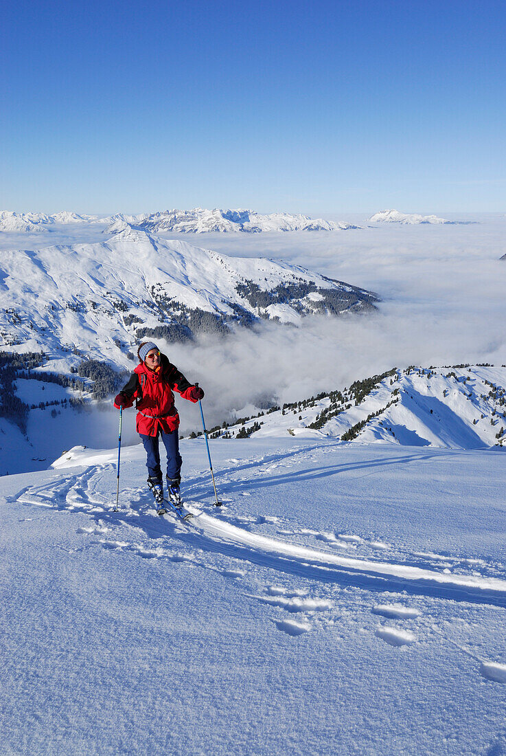 Female backcountry skier ascending, Galtenberg, Kitzbuehel range, Tyrol, Austria