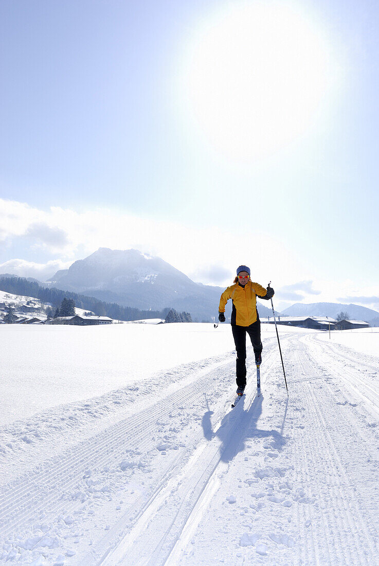 Woman cross-country skiing, Leitzach valley, Mangfall range, Upper Bavaria, Bavaria, Germany