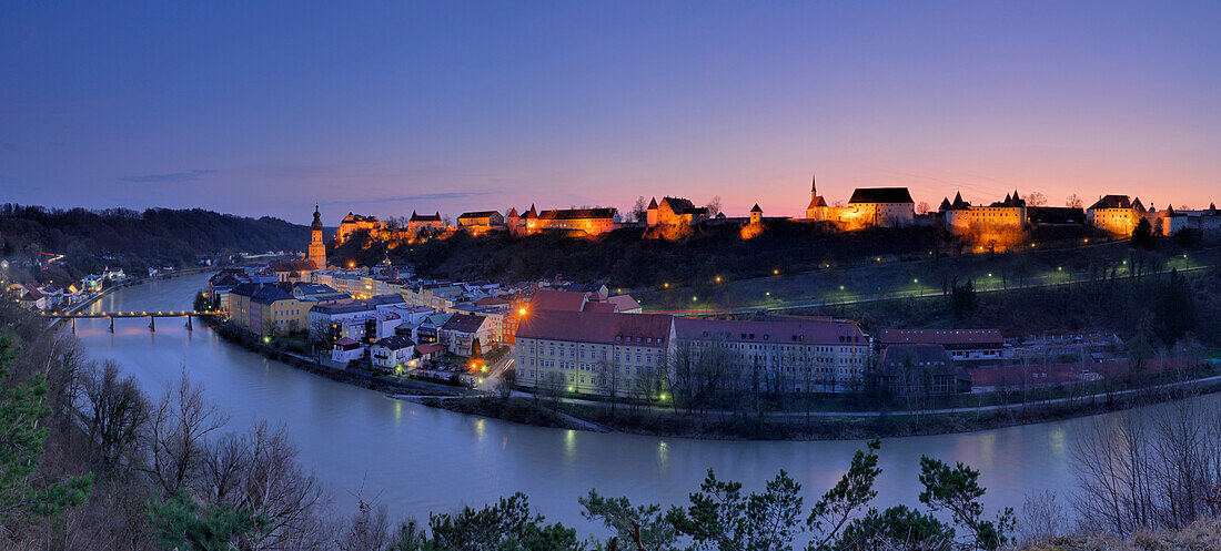 View to old town with castle at night, Burghausen, Upper Bavaria, Germany