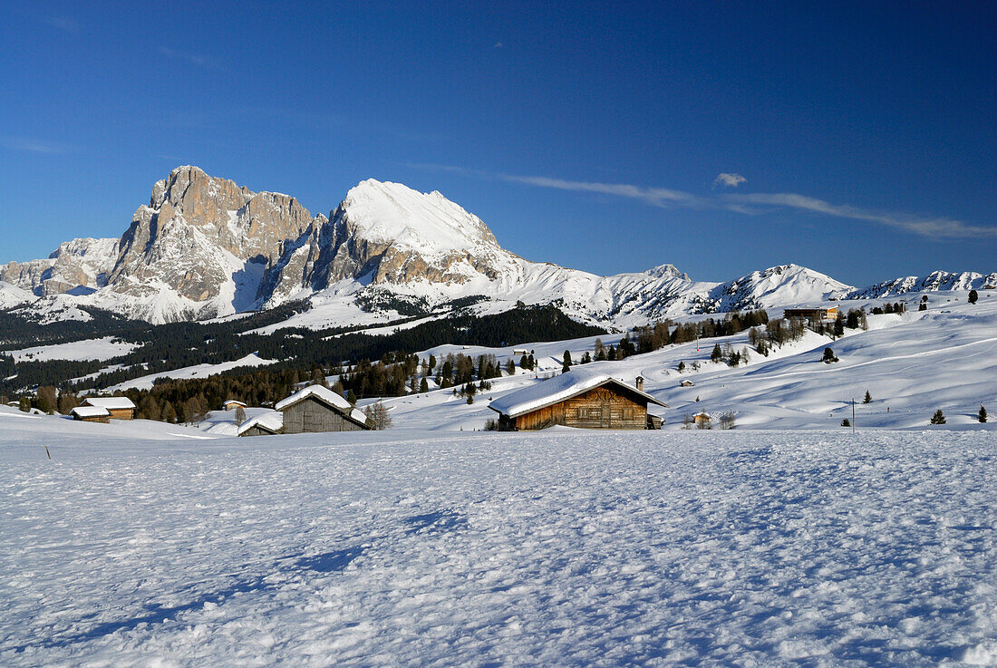Verschneite Almhütten auf Seiser Alm, Dolomiten, Trentino-Südtirol, Italien