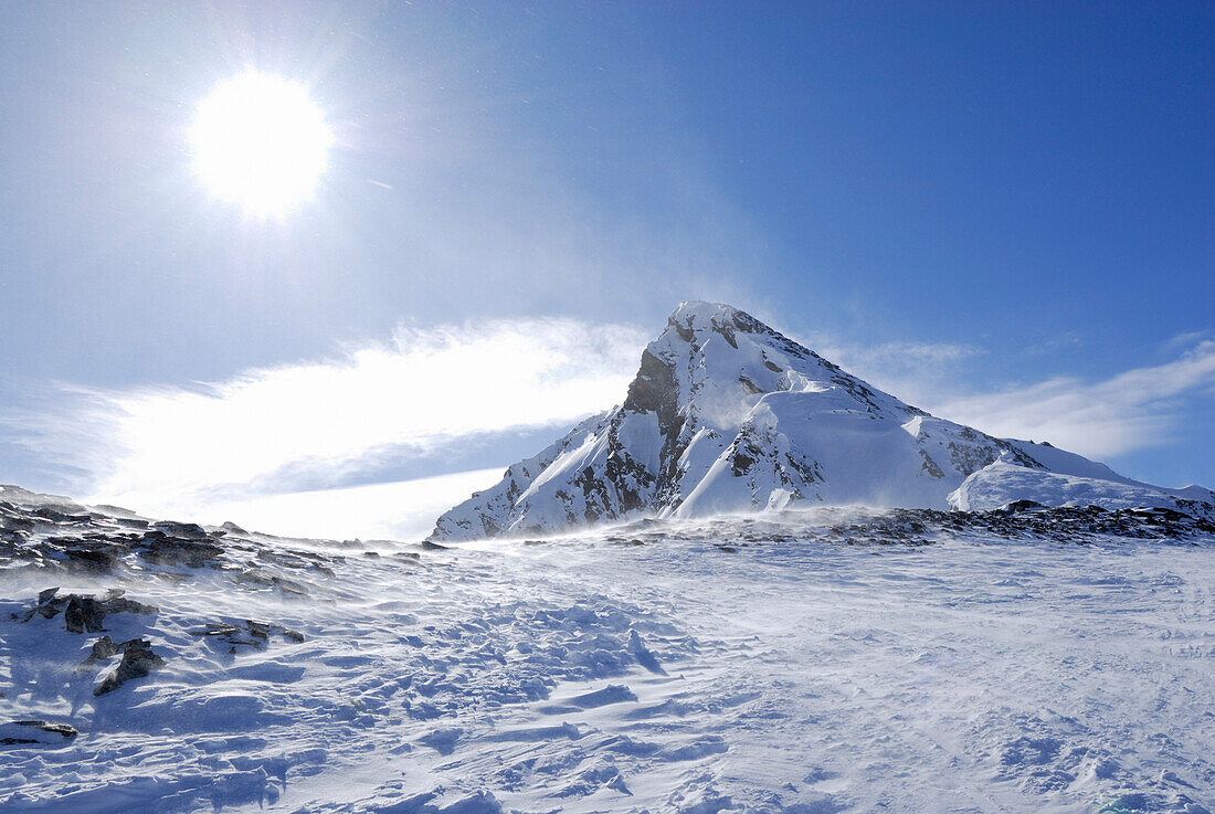 Snow-covered summit of Zischgeles, Sellrain, Stubai range, Tyrol, Austria