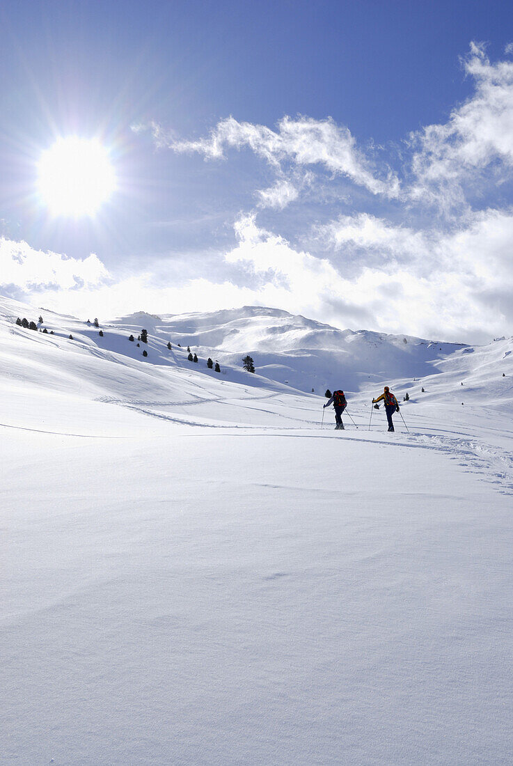 Two backcountry skiers ascending, Marchkopf, Hochfuegen, Zillertal, Tyrol, Austria