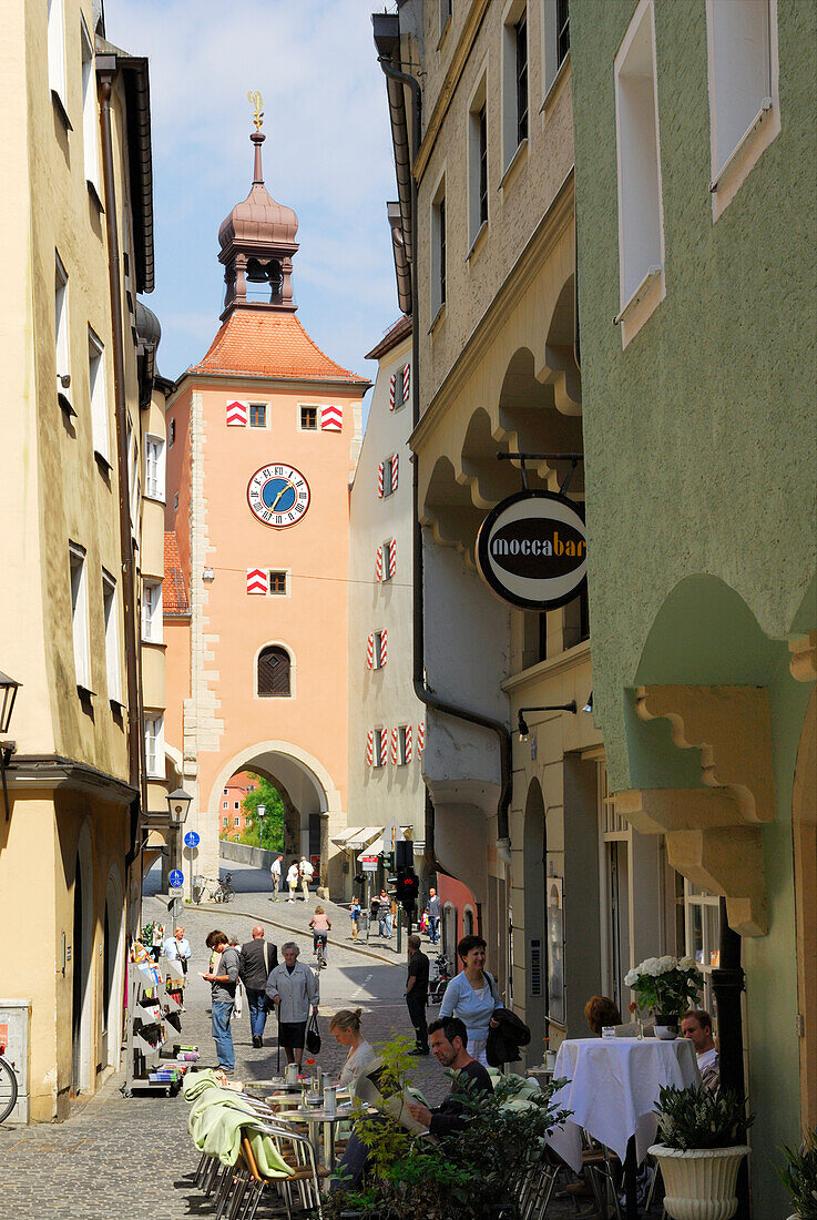 Pavement cafe near bridge tower, Regensburg, Upper Palatinate, Bavaria, Germany