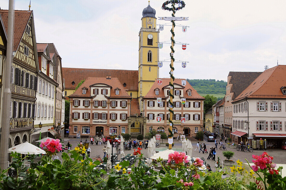 Market square with Minster John the Baptist, Bad Mergentheim, Baden-Wuerttemberg, Germany