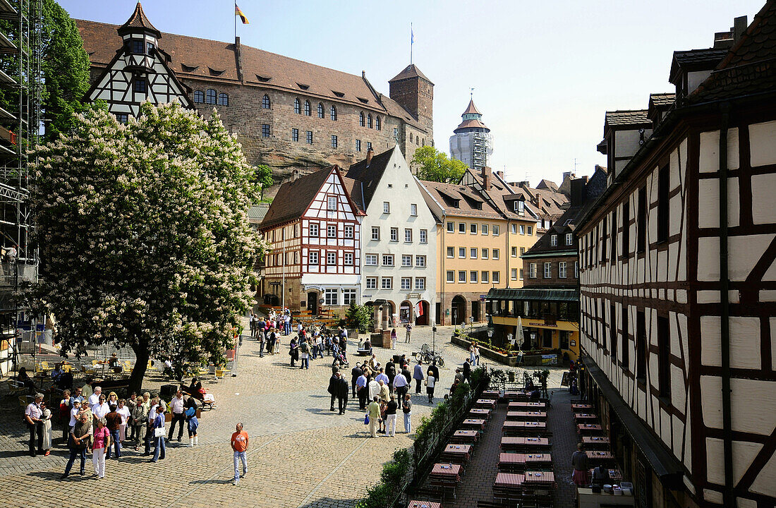Fachwerkhäuser mit Burg im Hintergrund, Nürnberg, Mittelfranken, Bayern, Deutschland