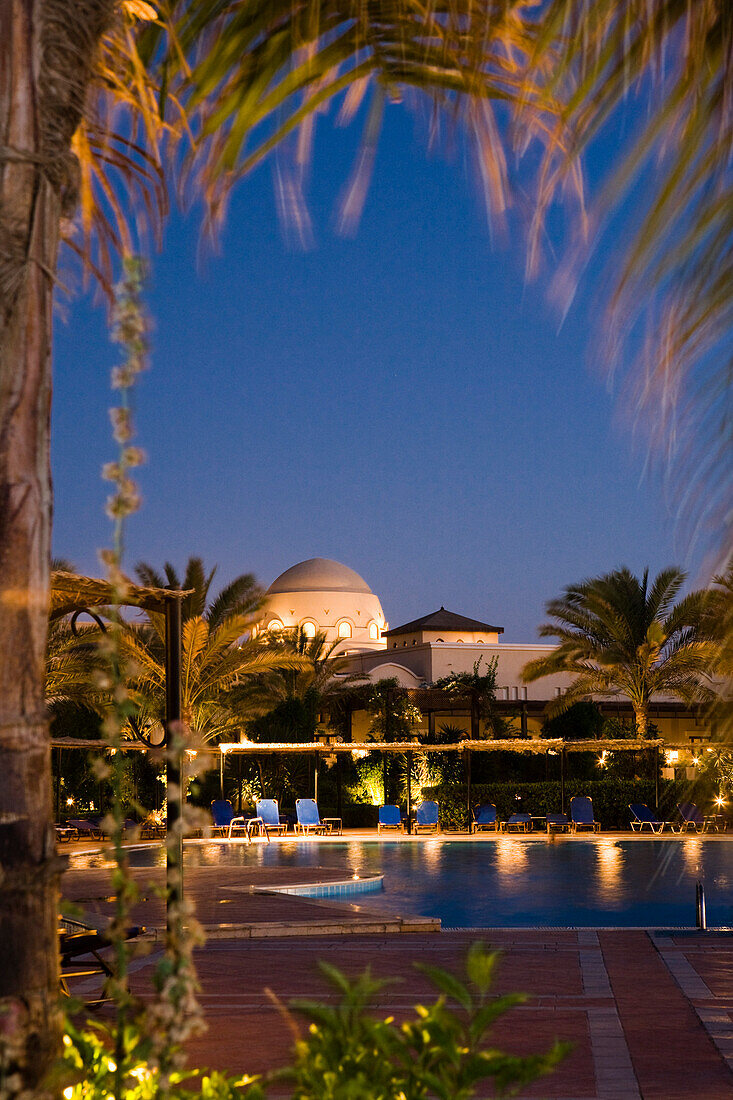 Evening light and swimming pool of the luxury Lamaya Resort, Coraya, Marsa Alam, Egypt