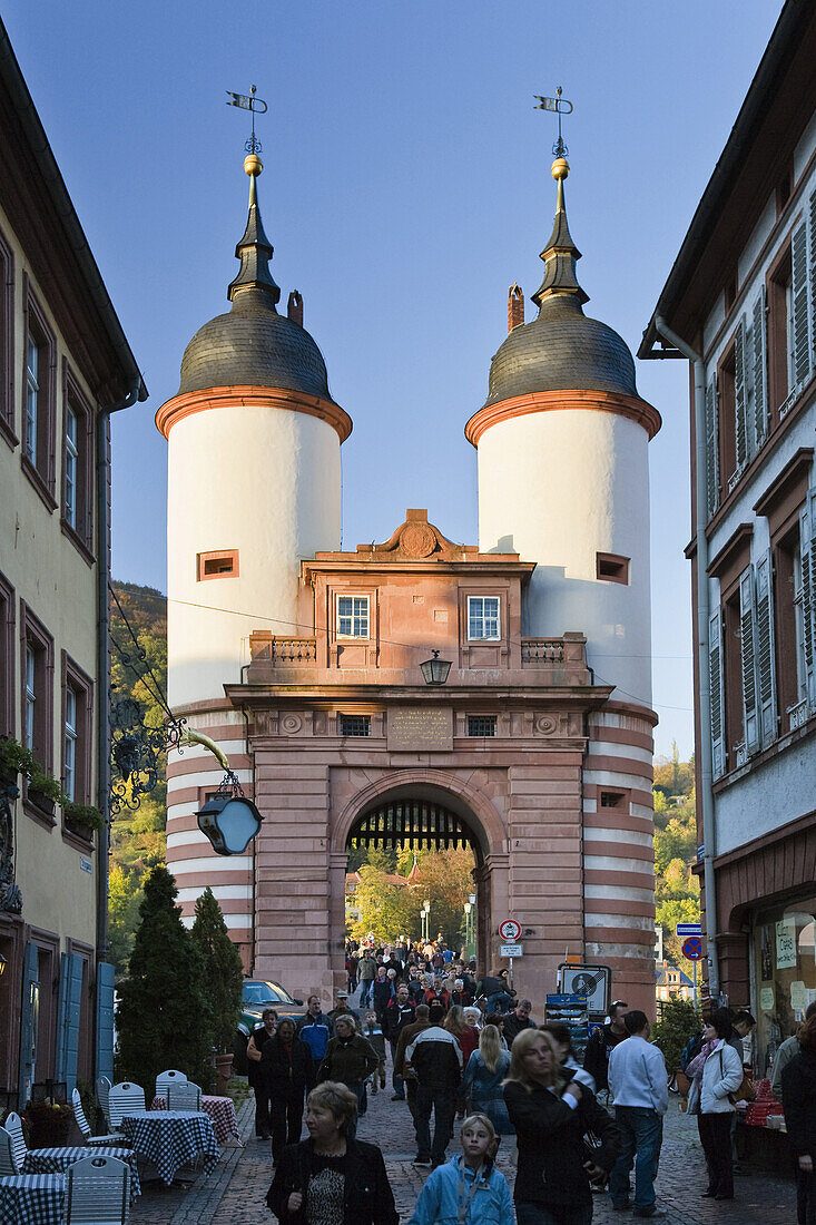 Pedestrian area, Steingasse and Bridge Gate, Old Town, Heidelberg, Baden-Wuerttemberg, Germany