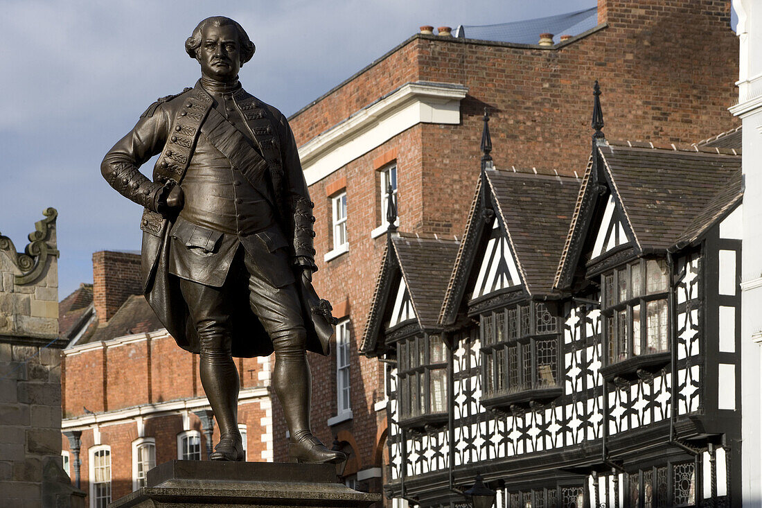 Shrewsbury, statue of Clive, timber-framed building, Shropshire, UK