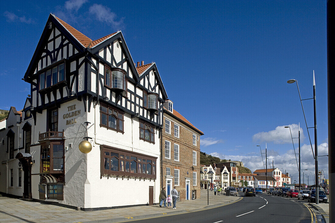 Scarborough, Foreshore Rd, seafront, typical buildings, timber-framed buildings, North Yorkshire, UK