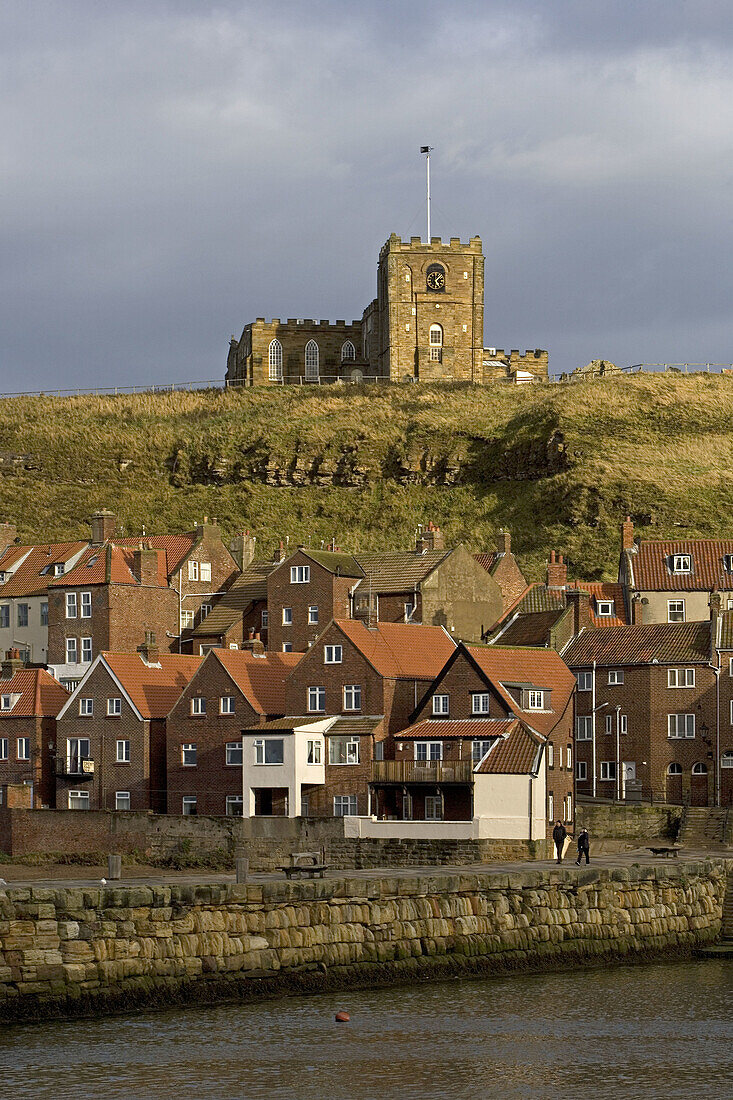 Whitby, parish church of St. Mary, Norman tower, 18th century, harbour, waterfront, quays, boats, North Yorkshire, UK