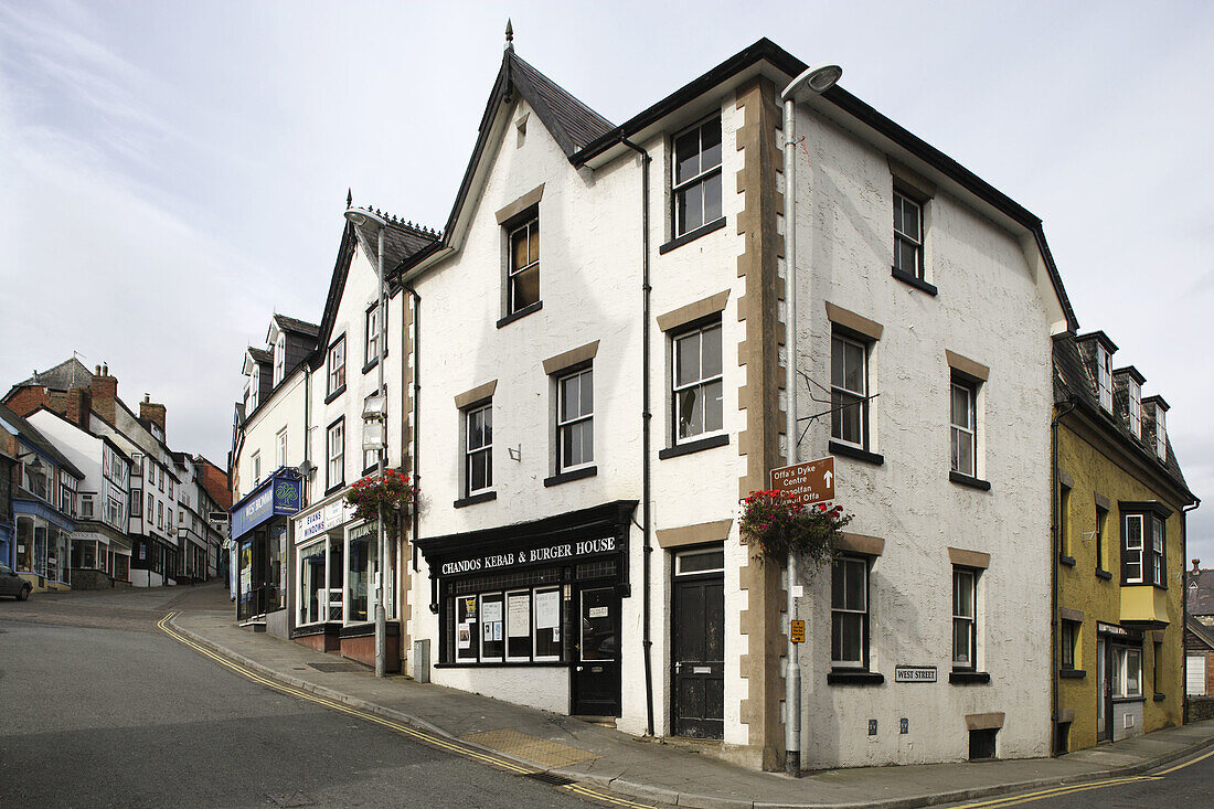 Knighton, High Street, town center, typical buildings, Powys, Wales, UK