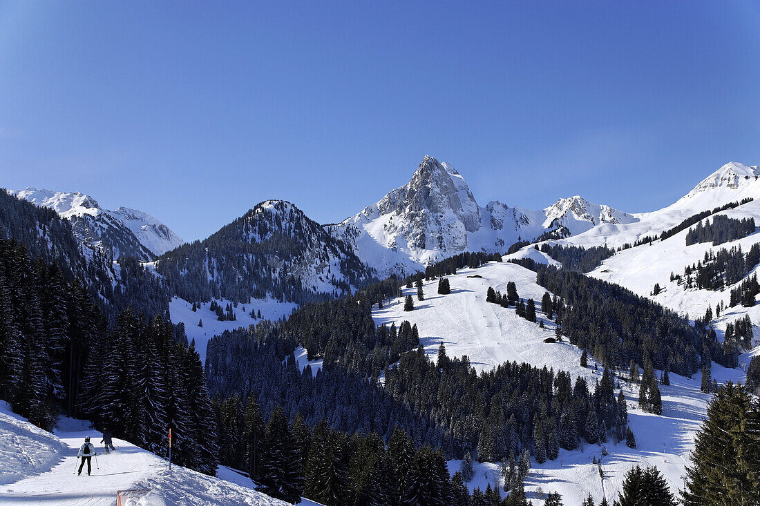 Skifahrer auf der Les Gouilles Piste, Eggli, Gstaad, Berner Oberland, Kanton Bern, Schweiz