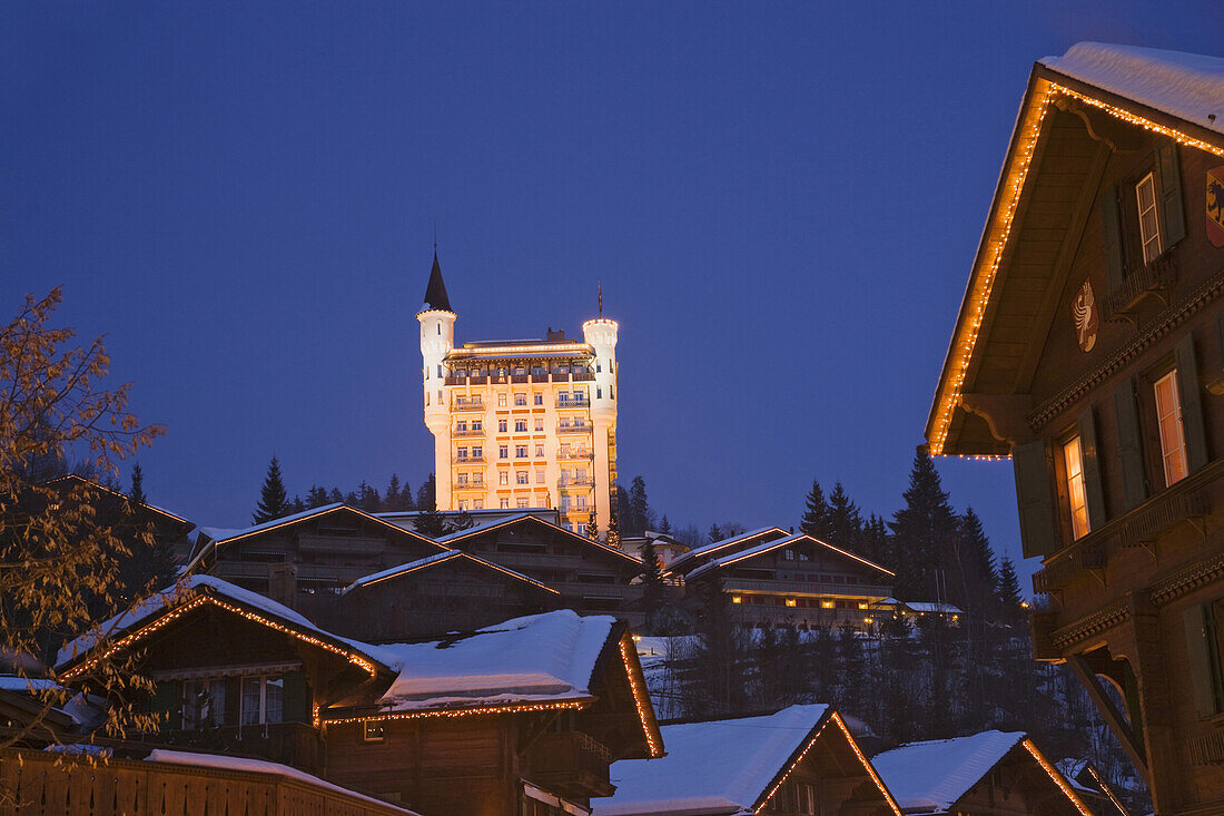 Illuminated Palace Hotel, Gstaad, Bernese Oberland, Canton of Berne, Switzerland