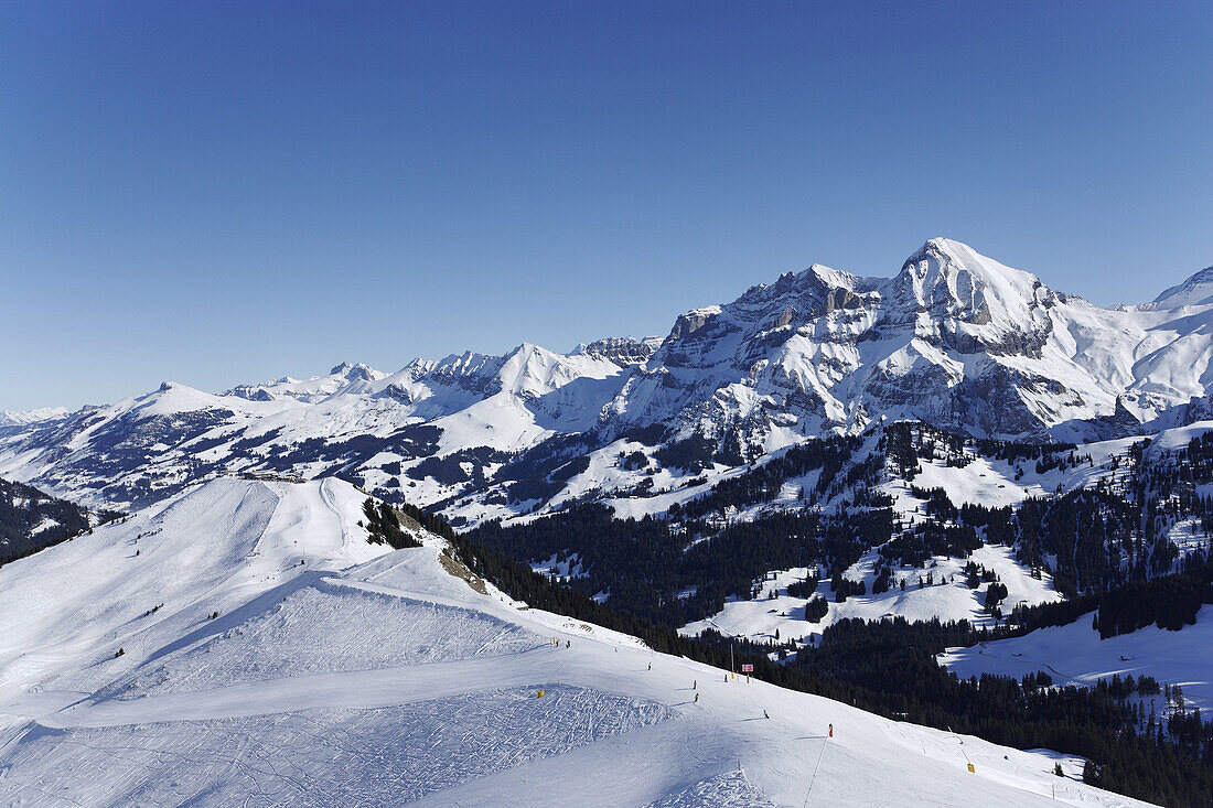 Skigebiet bei Adelboden, Berner Oberland, Kanton Bern, Schweiz