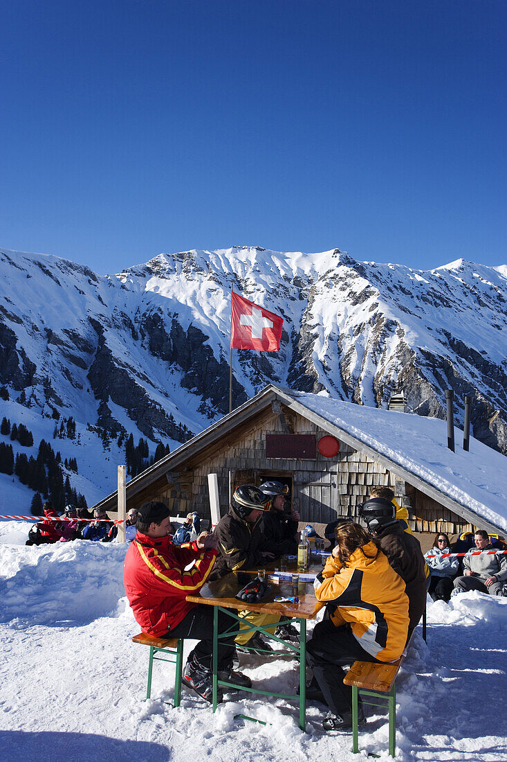 Guests in the mountain restaurant Chuebodmi, Adelboden, Bernese Oberland, Canton of Berne, Switzerland