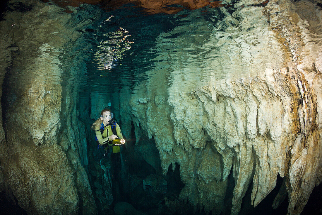 Diver in Chandelier Dripstone Cave, Micronesia, Palau