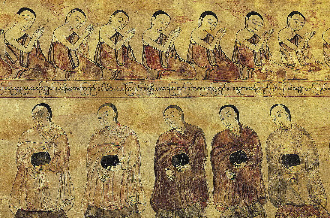 Monks praying and standing with begging bowls, sulamani pagoda, Pagan, Myanmar