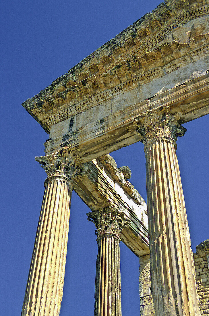 Tunisia, near Dougga, Roman Ruins, the Capitol of Dougga, highlighting the massive columns of the Corinthian order