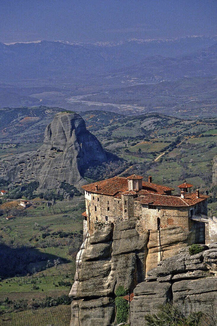 Greece, Meteora, Monastery of Agios Nikolaos Anapafsas on a high rock tower