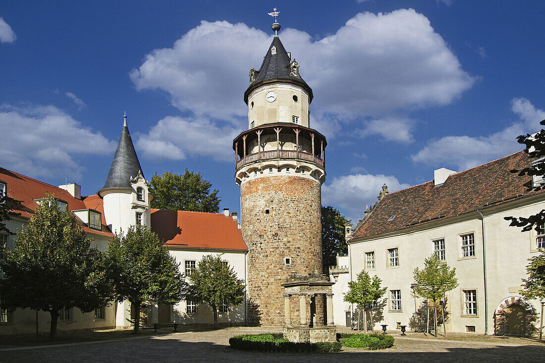 Wiesenburg Castle, inside yard with tower. Wiesenburg, nature park Upper Fläming, Potsdam-Mittelmark, Brandenburg, Germany