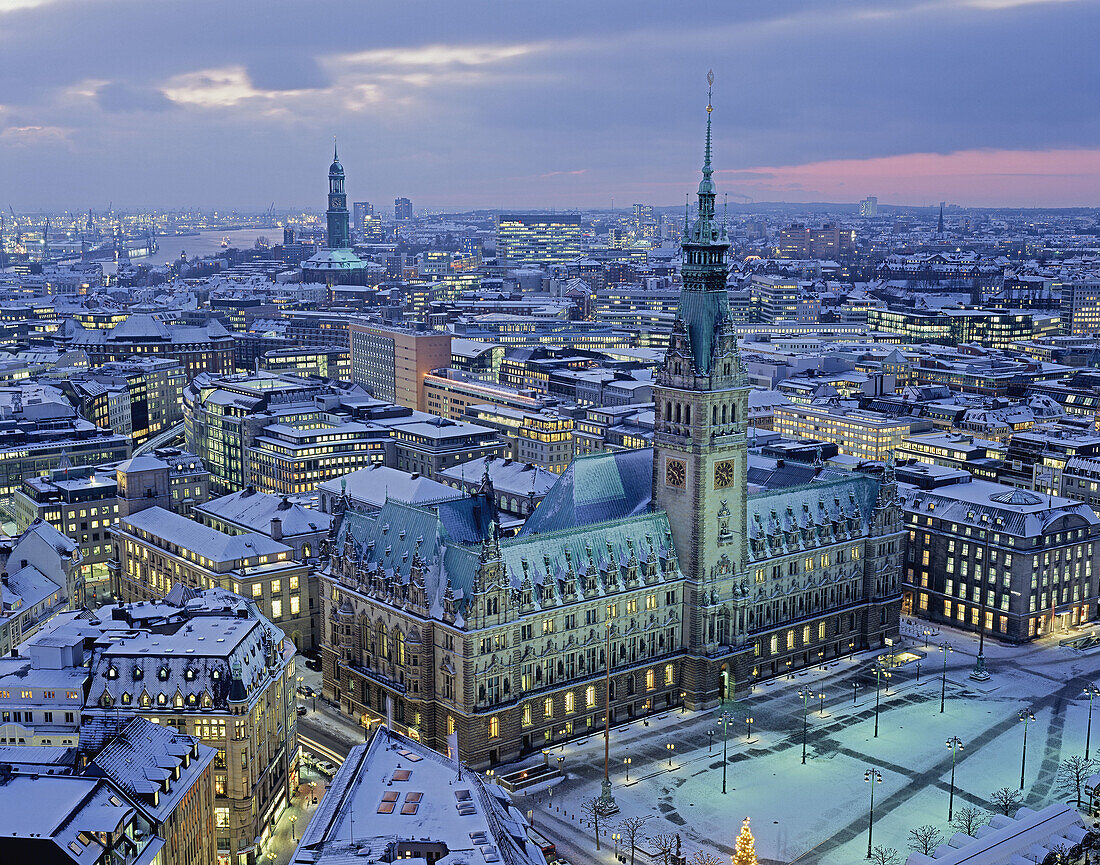 Germany, Hamburg, town hall and city with evening light in wintertime