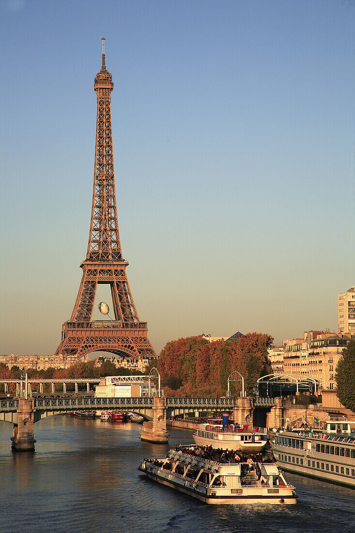 France, Paris, Eiffel Tower, Seine River sightseeing boat
