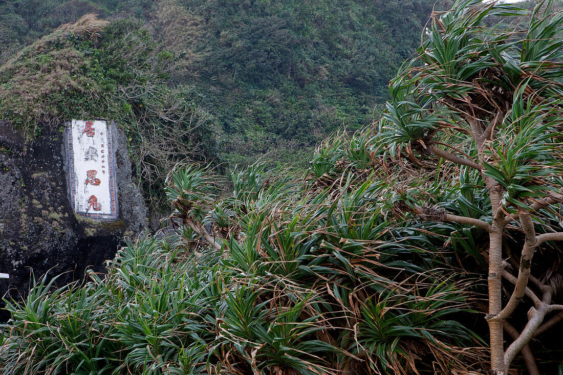 Fels mit Inschrift inmitten grüner Vegetation, Green Island, Taitung Region, Taiwan, Asien