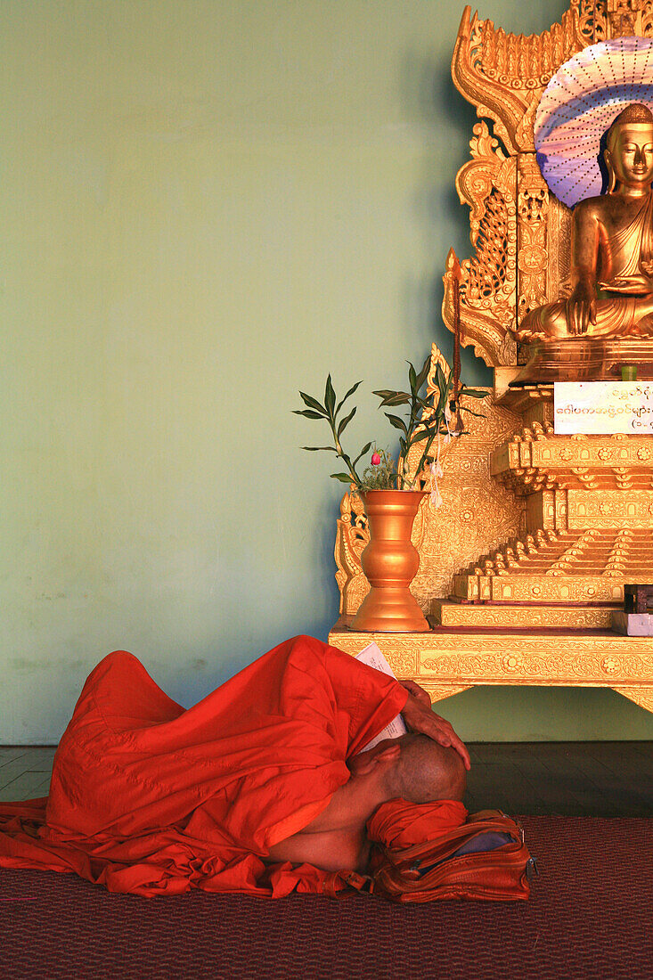 Reading buddhist monk at the Shwedagon Pagoda, Rangoon, Myanmar, Burma, Asia