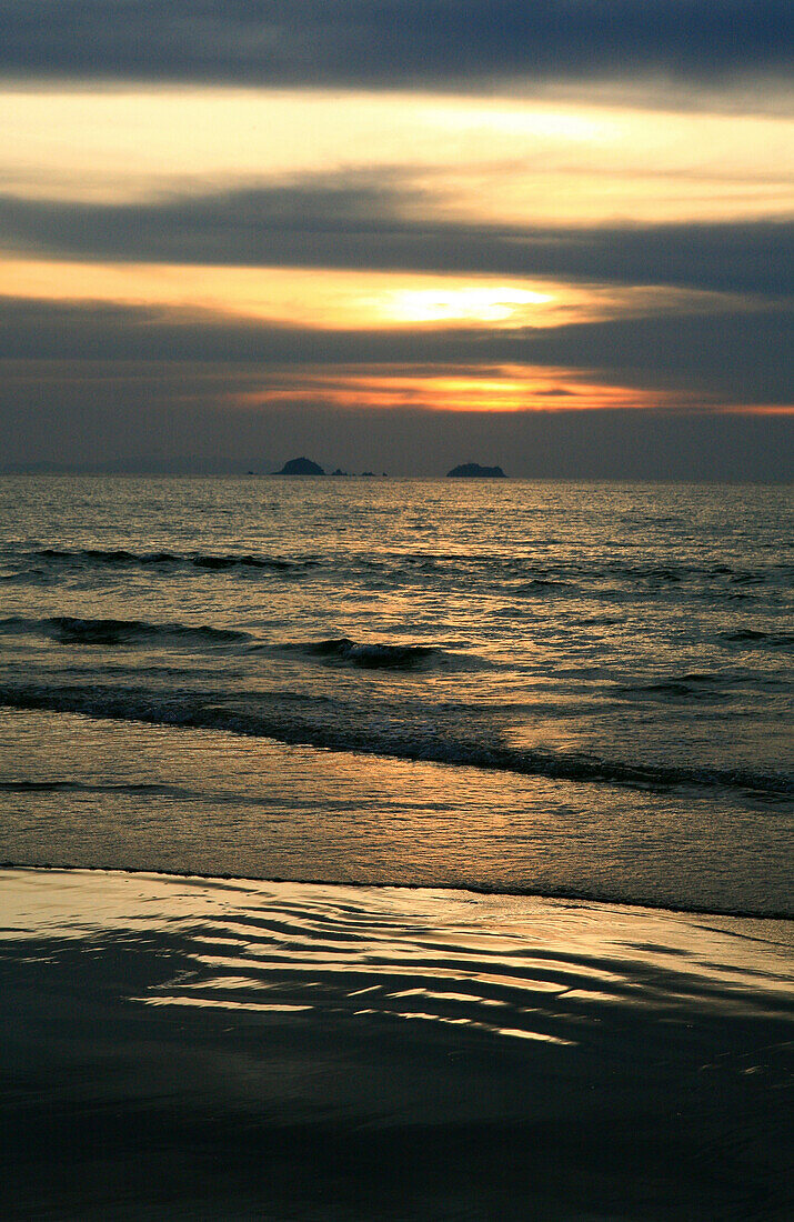 Beach on uninhabited island at sun set, Mergui Archipelago, Andaman Sea, Myanmar, Burma, Asia