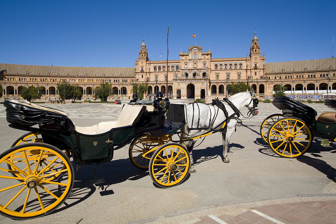 Carriage in front of Plaza de España in Parque de Maria Luisa, Sevilla. Andalucia, Spain