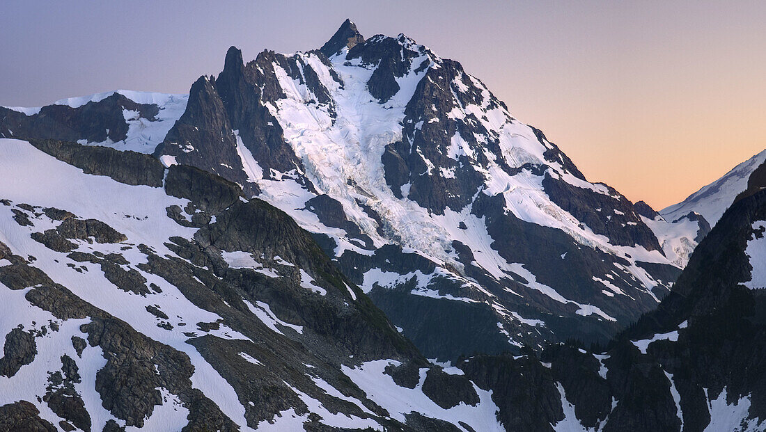 Afterglow over NE face of Mount Shuksan 9131 feet, 2783 meters with view of the Price Glacier, North Cascades Washington
