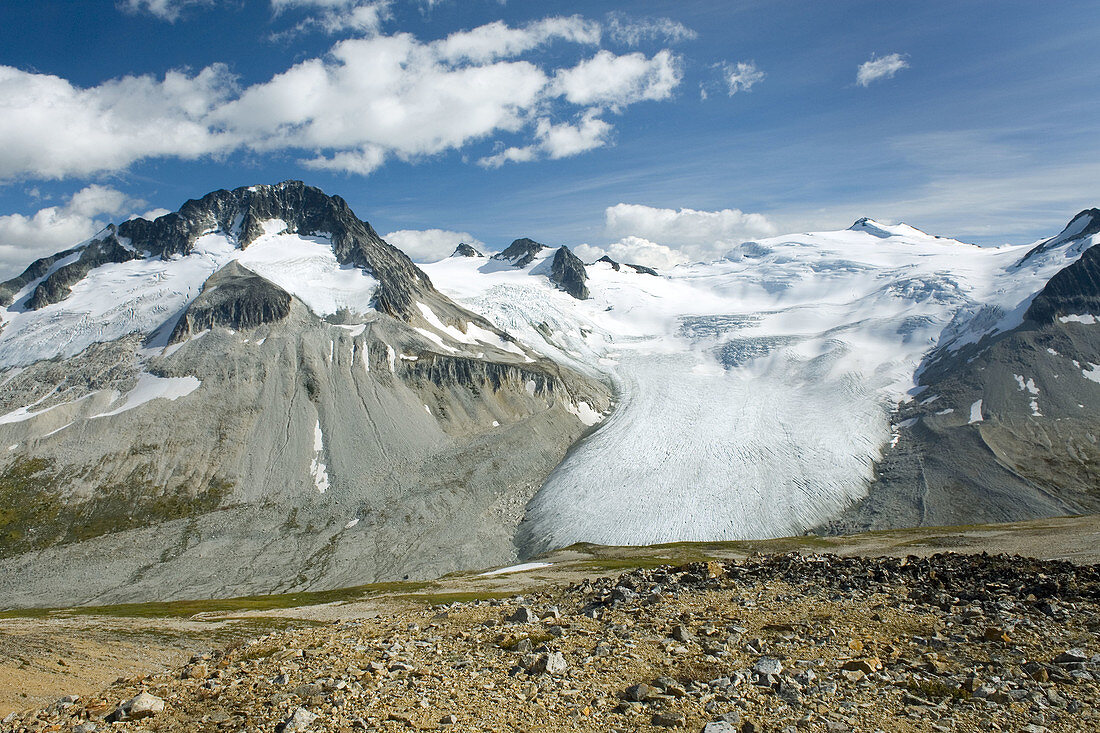 Tongue-like glacier flowing down between Mount Ethelweard left 2819 m 9249 ft and Icemaker Mountain 2745 m 9006 ft, Coast Mountains British Columbia Canada