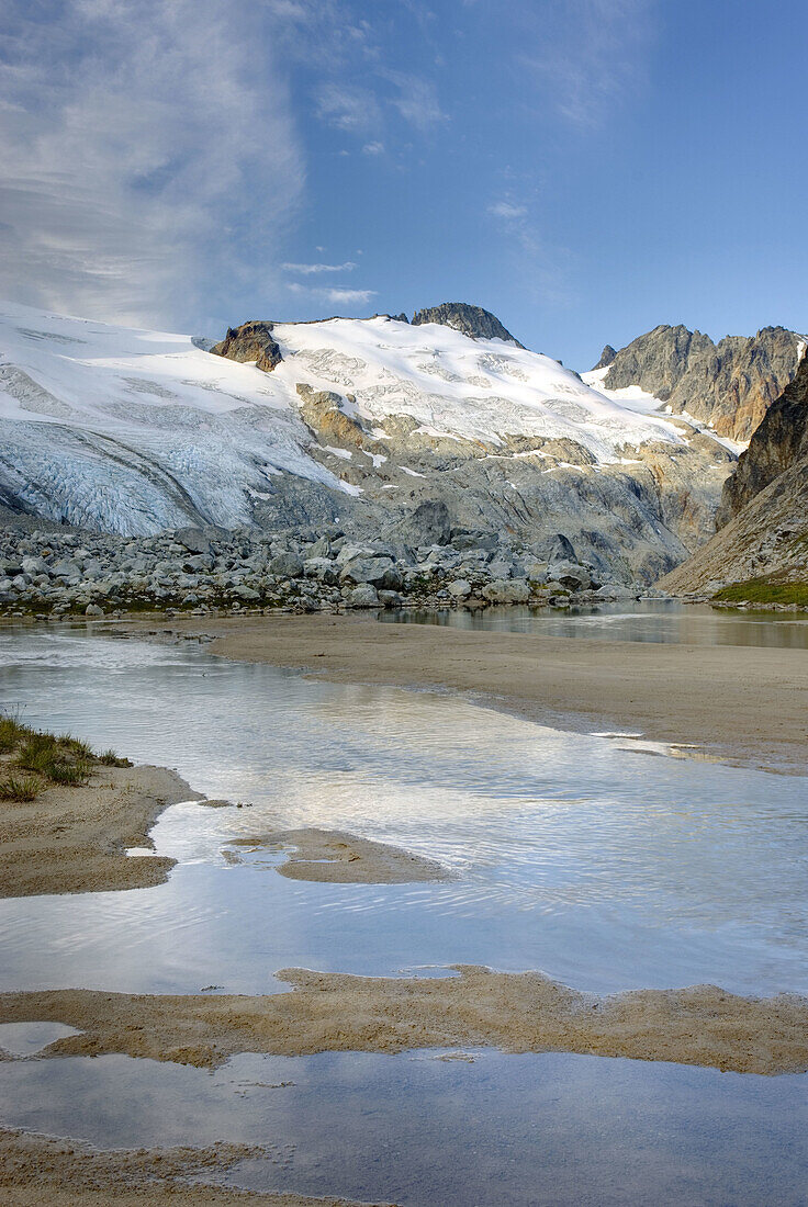 Glaciated Peaks of Boulder/Salal Divide reflected in waters of Salal Creek near Athelney Pass, Coast Range British Columbia Canada