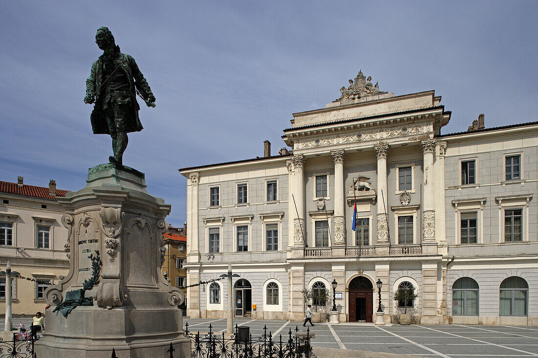 Piran, Tartini Square, italian style, typical houses, Tartinis statue, Town Hall, Slovenia