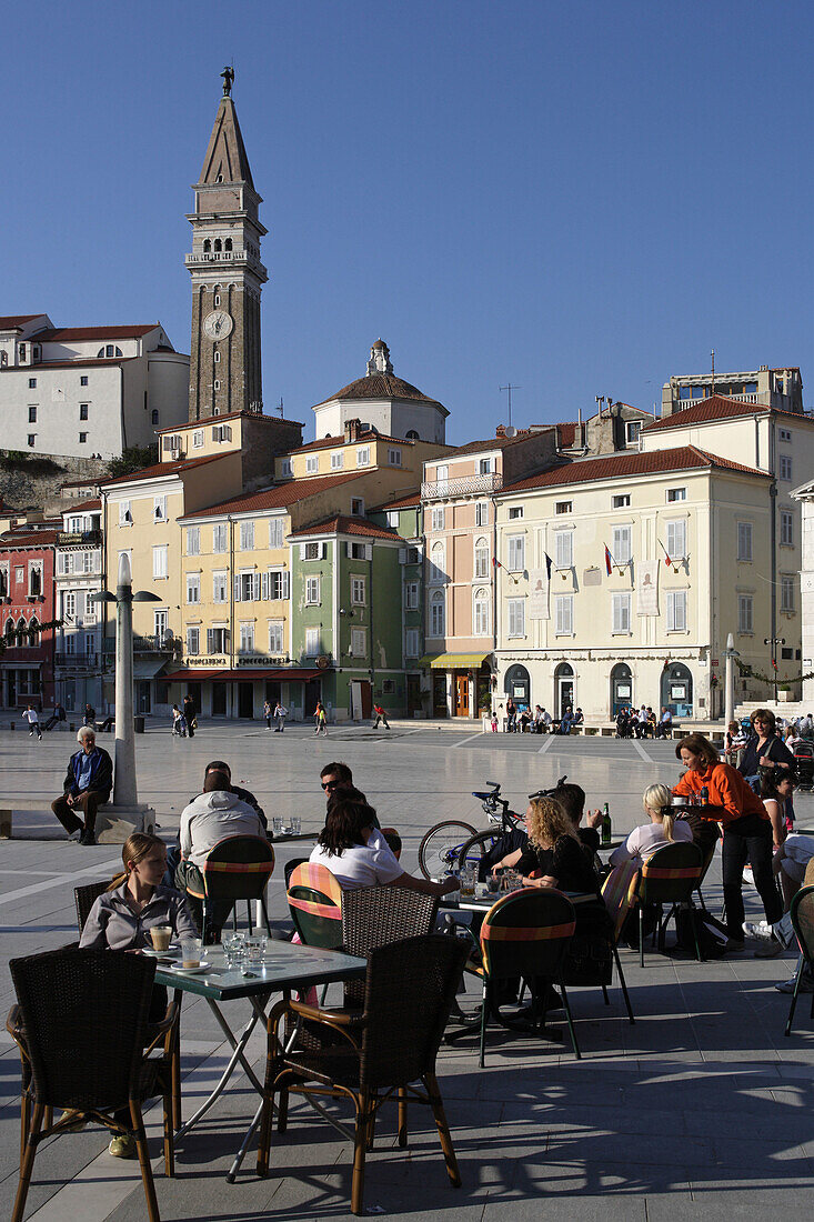 Piran, Tartini Square, italian style, typical houses, St Georges Church, Belfry, Tartinis House, Slovenia