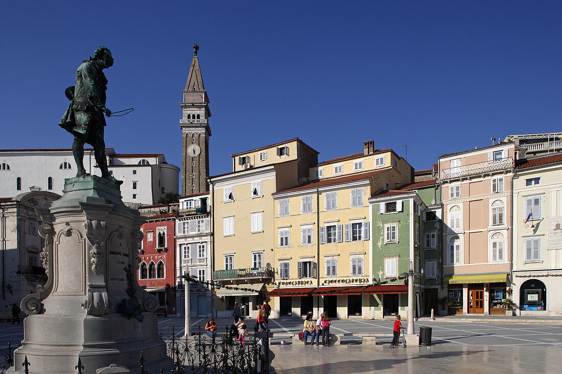Piran, Tartini Square, italian style, typical houses, St Georges Church, Belfry, Tartinis statue, Venetian House, Slovenia