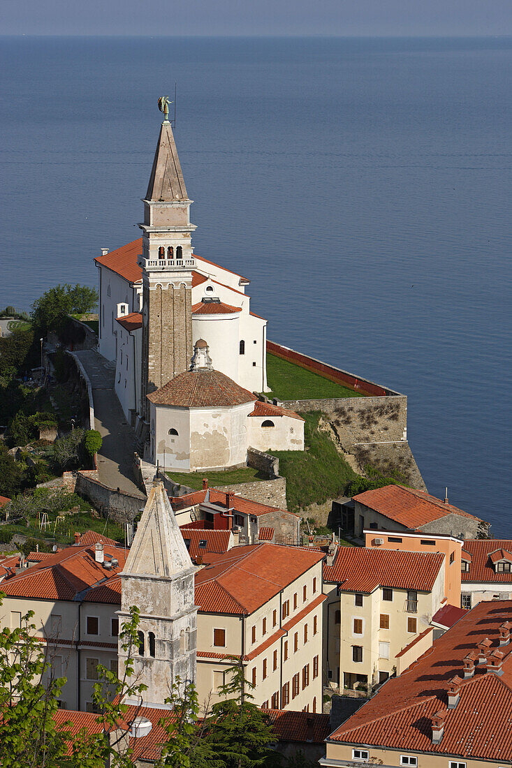 Piran, old town peninsula, italian style, St Georges Church, Belfry, Baptistry, St Franciss Church, Gulf of Piran, Adriatic sea, Slovenia