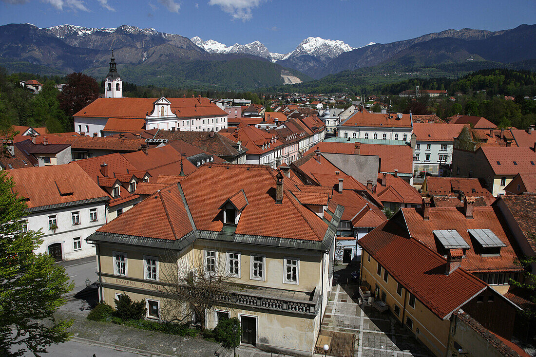 Kamnik, old town houses, Franciscan Monastery, 1495, Church of St Jacob, 15th century, redesigned in Baroque style, Kamniske Savinje Alps, Slovenia