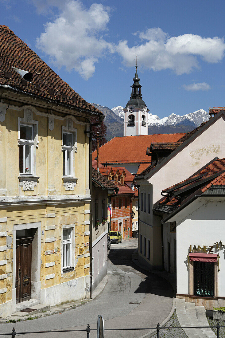 Kamnik, old town houses, Franciscan Monastery, 1495, Church of St Jacob, 15th century, redesigned in Baroque style, Kamniske Savinje Alps, Slovenia