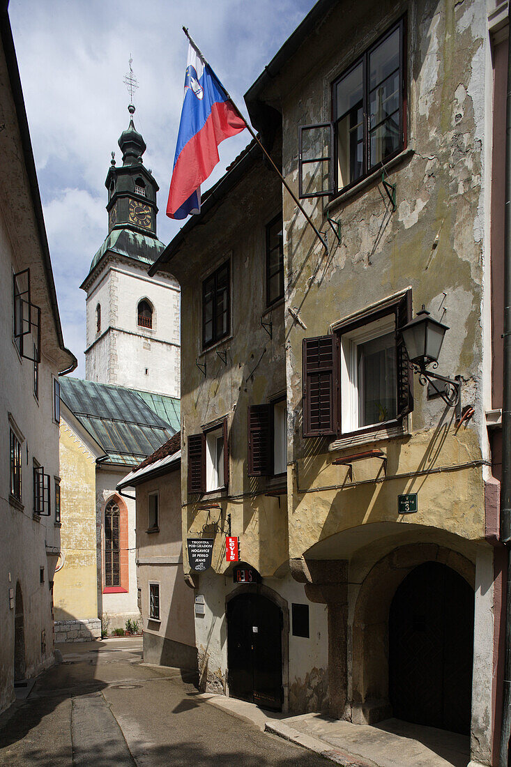 Skofja Loka, Church of St James, late-Gothic, 1471, old town houses, Slovenia