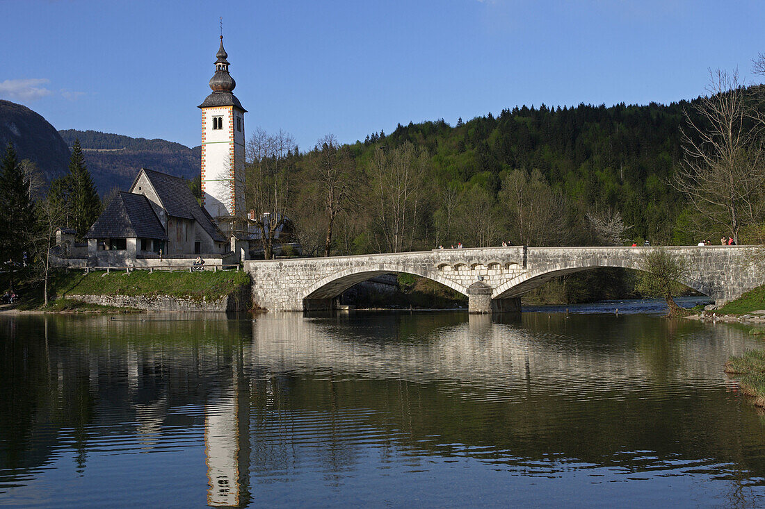 Lake Bohinj, Ribcev Laz, church of St John the Baptist, stone bridge, Slovenia