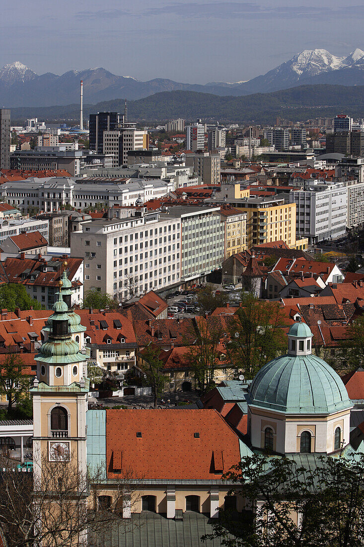 Ljubljana, City Center, from Ljubljana Castle, St Nicholas Cathedral, Julian Alps, Slovenia