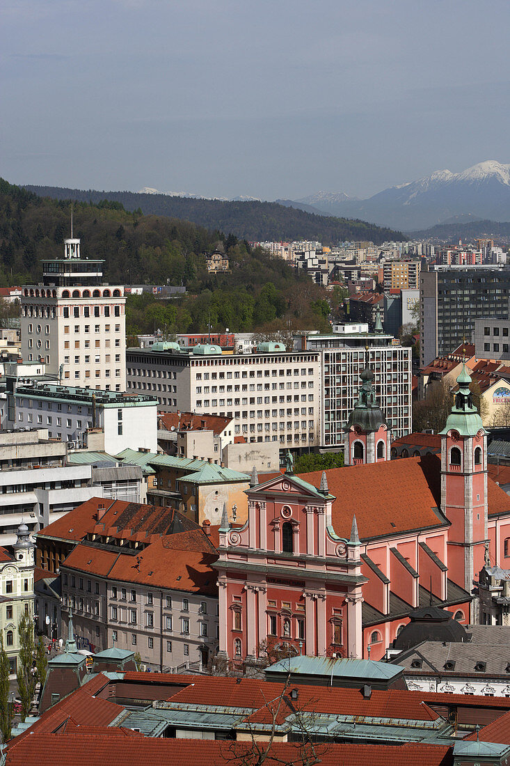 Ljubljana, City Center, from Ljubljana Castle, Franciscan Church of the Annunciation, Julian Alps, Slovenia