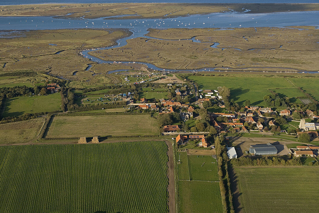 Morston Village and Blakeney Point from above Norfolk UK October