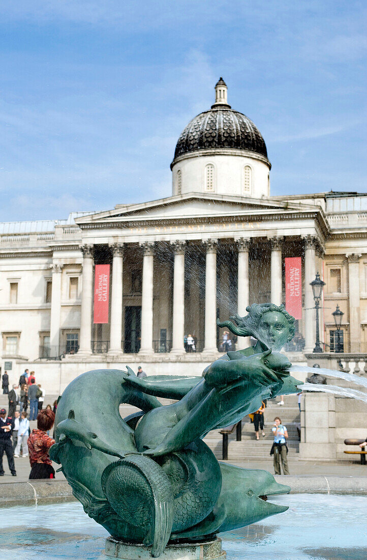 Mermaid dolphin fountain  National gallery of art  Trafalgar square  London  England  UK