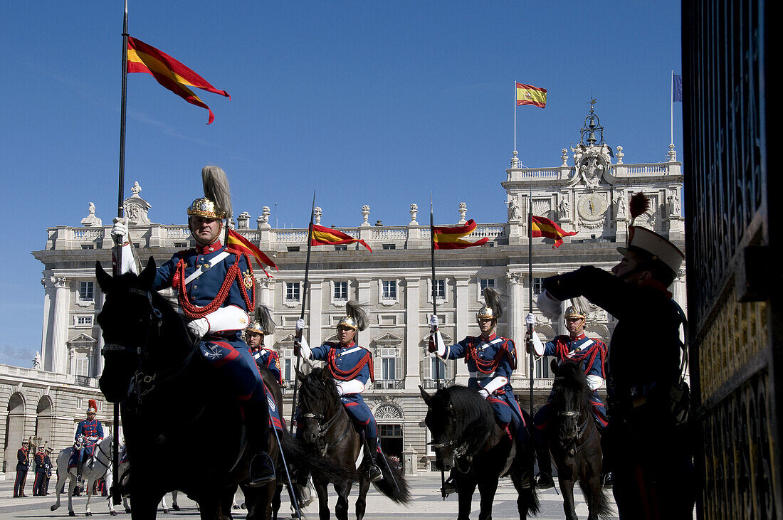 Royal Guards in front of the Royal Palace, Madrid. Spain
